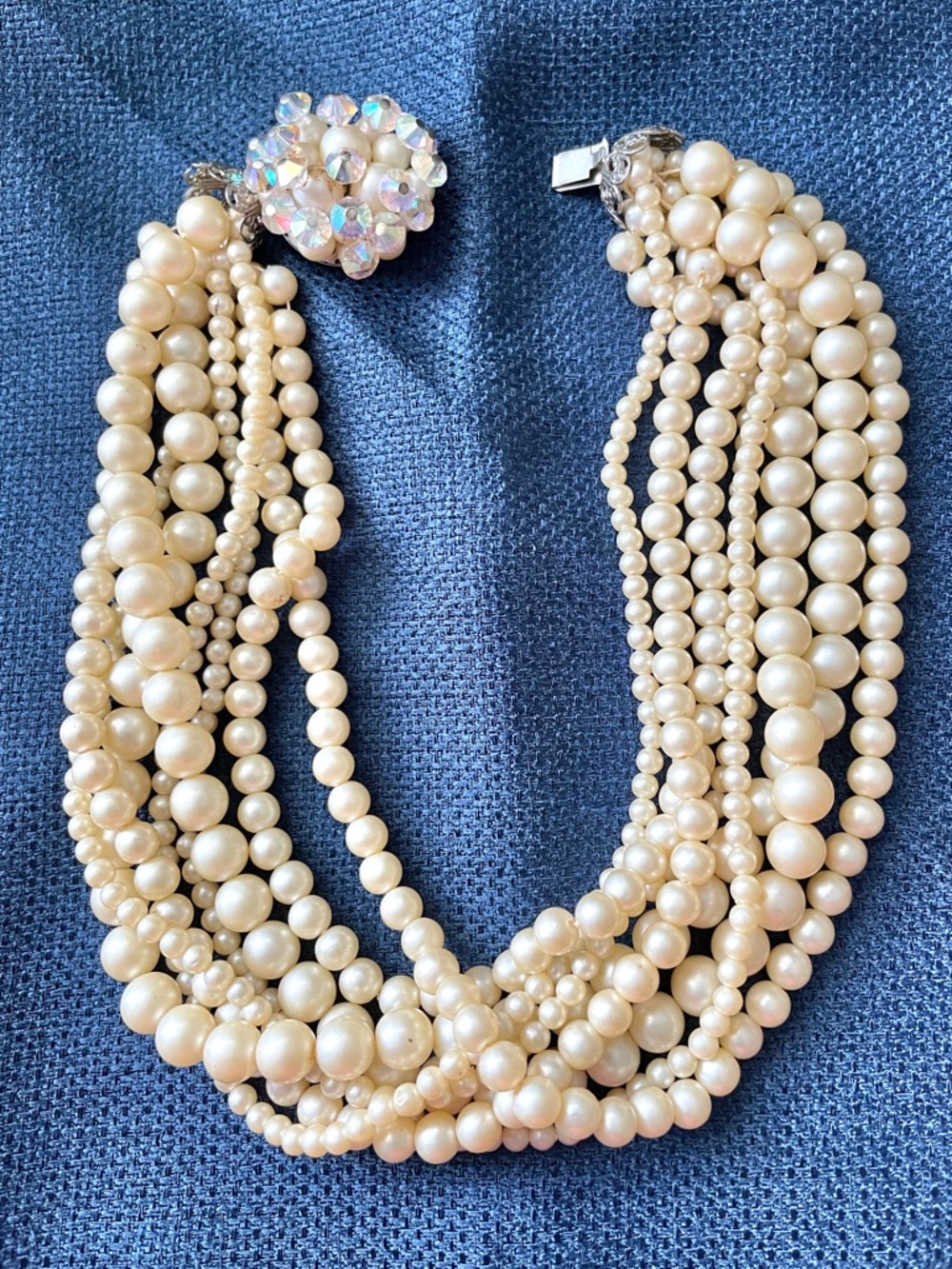 Vintage Faux Choker Pearl Multi Strand Rhinestone clasp 8 Strands multi sizes